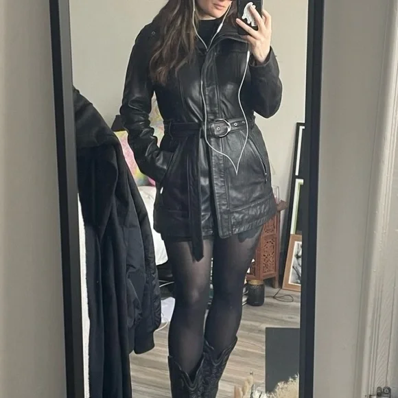 Vintage 90s Lined Belted Genuine Leather Jacket Trench Coat - Picture 7 of 8